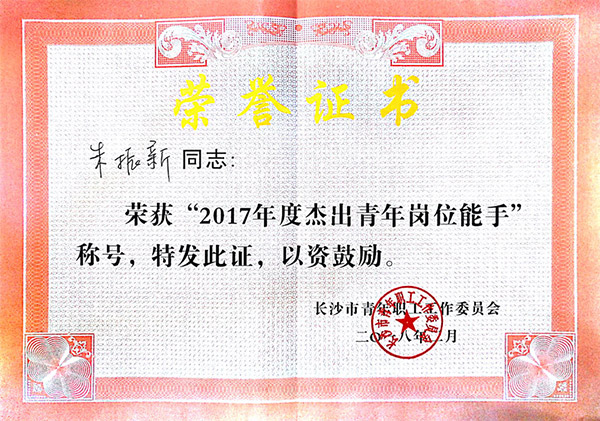 皇家国际智能朱振新荣获长沙市2017年度卓越青年岗位能手