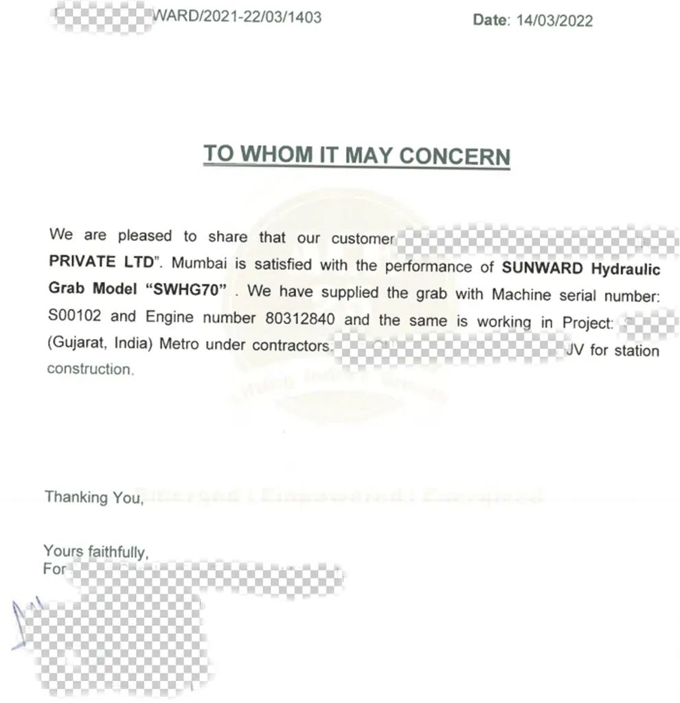 感激信！皇家国际智能SWHG70液压抓斗助力海表基础施工获注定